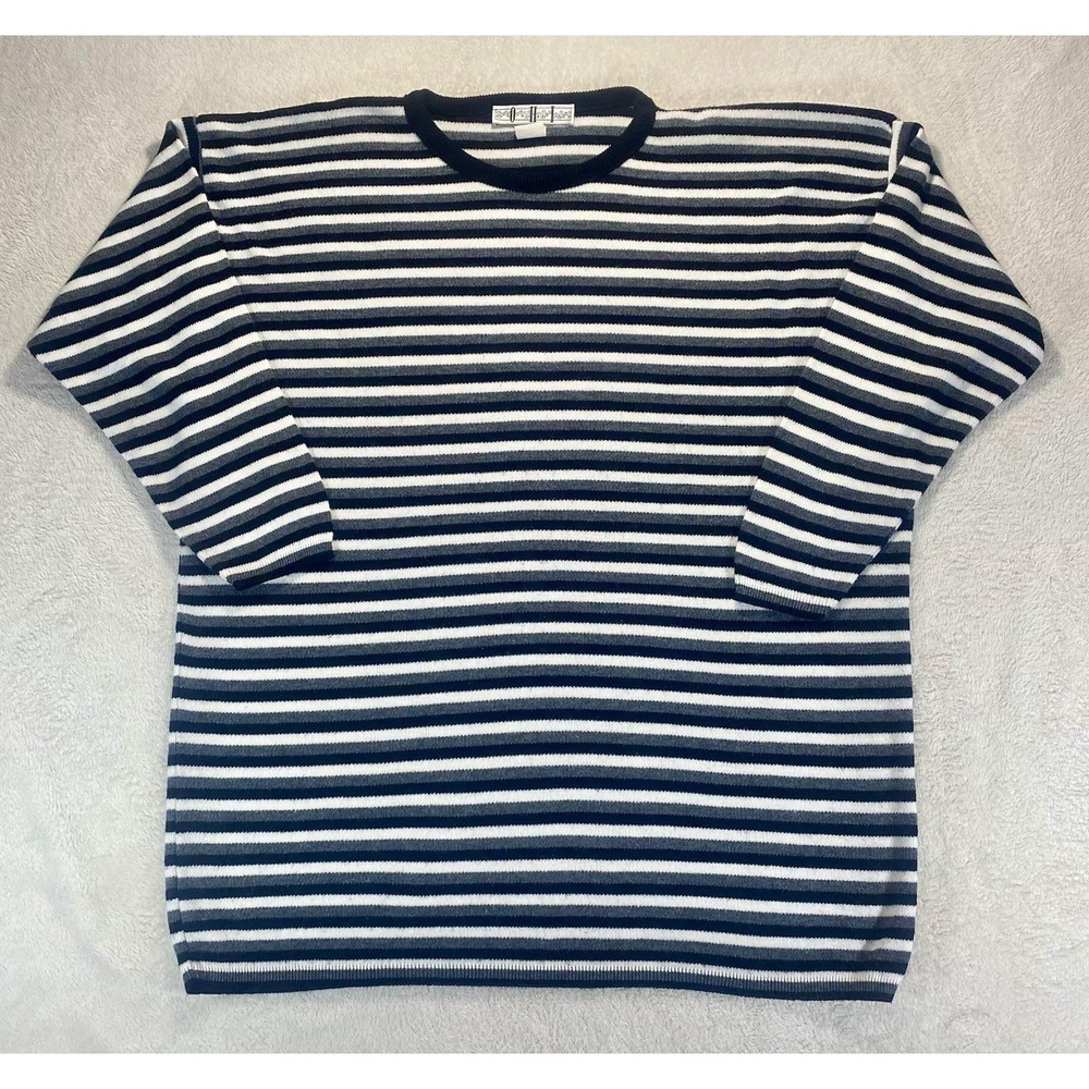 VTG 80s OHI Crew Neck Sweater Women's Oversized M Black White Stripe Boxy